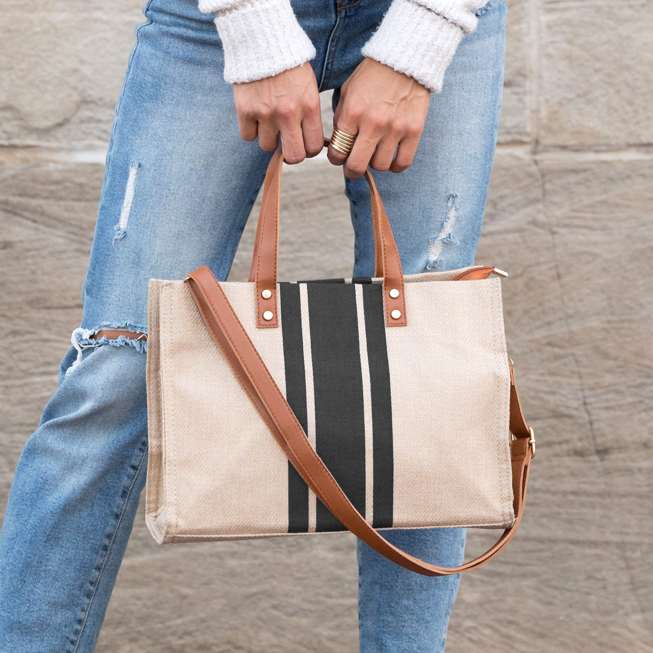 Canvas Stripe Tote in black