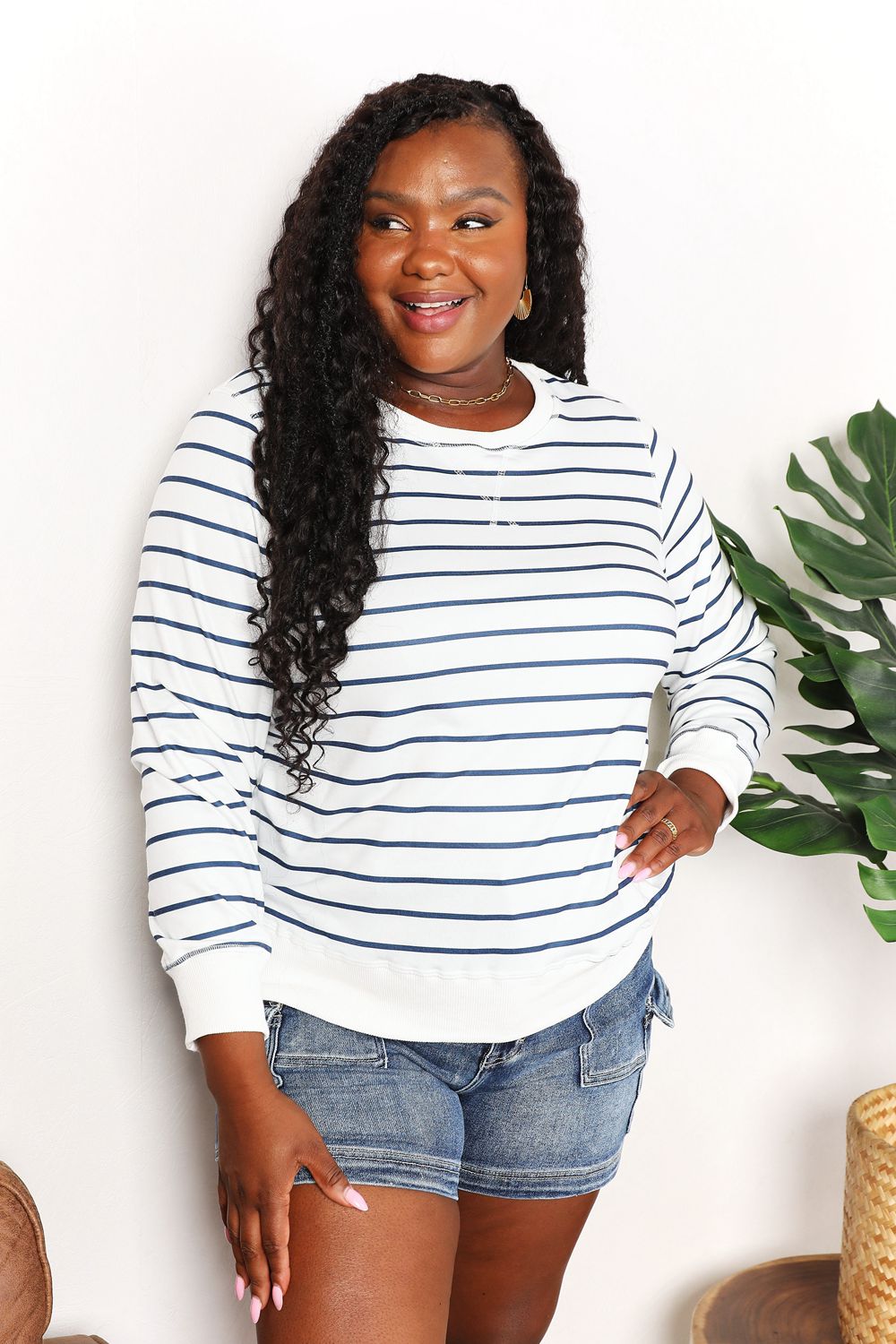 Double Take Striped Crewneck Sweatshirt