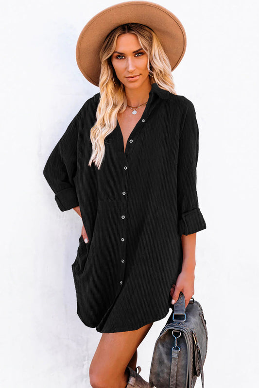 Corduroy Shirt Style Button Down Mini Dress