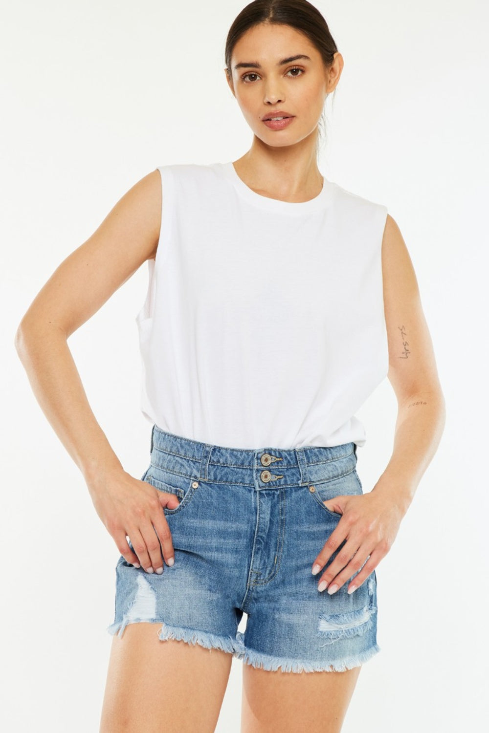 Kancan Full Size High Rise Raw Hem Denim Shorts-0