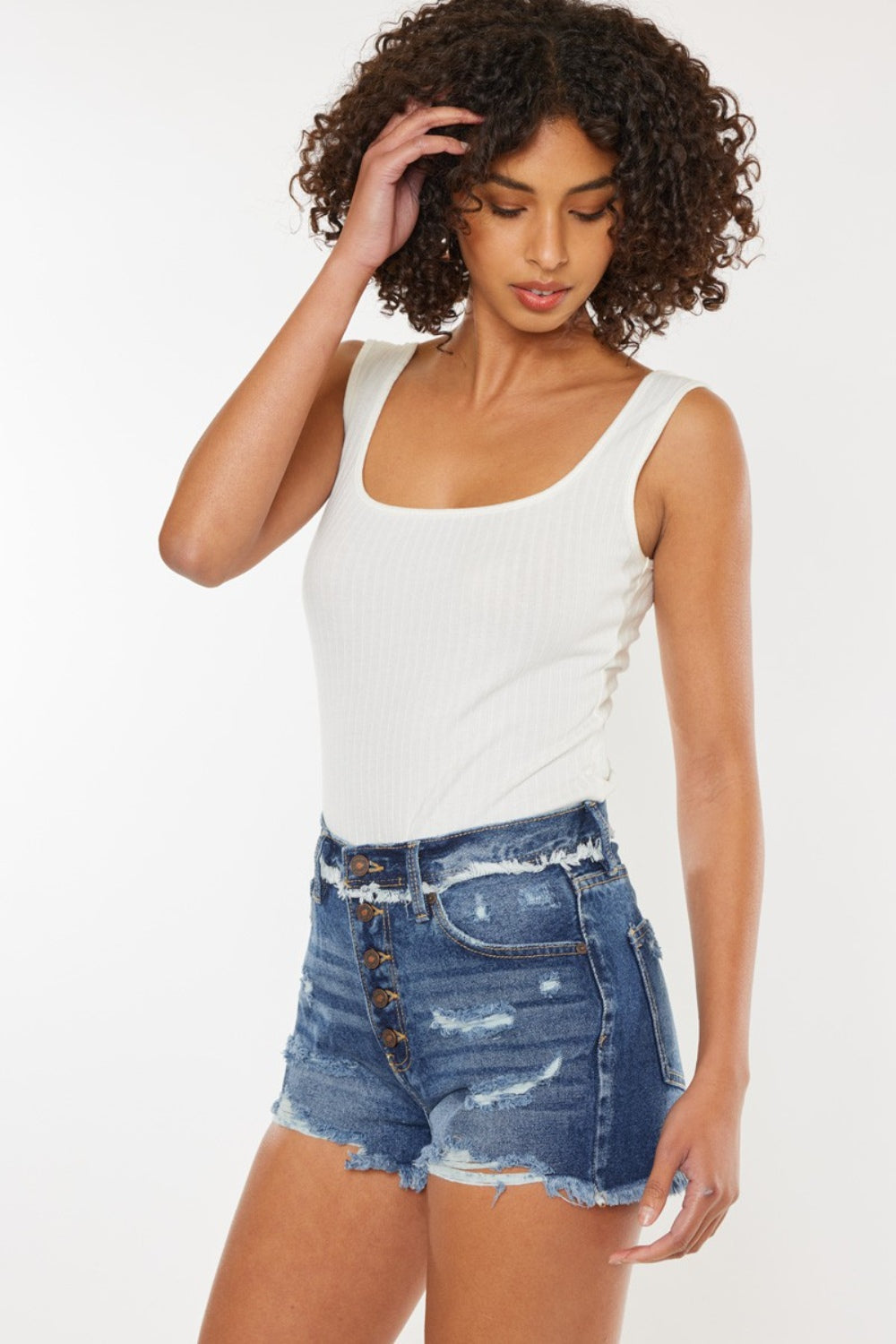 Distressed Button Fly Denim Shorts by Kancan