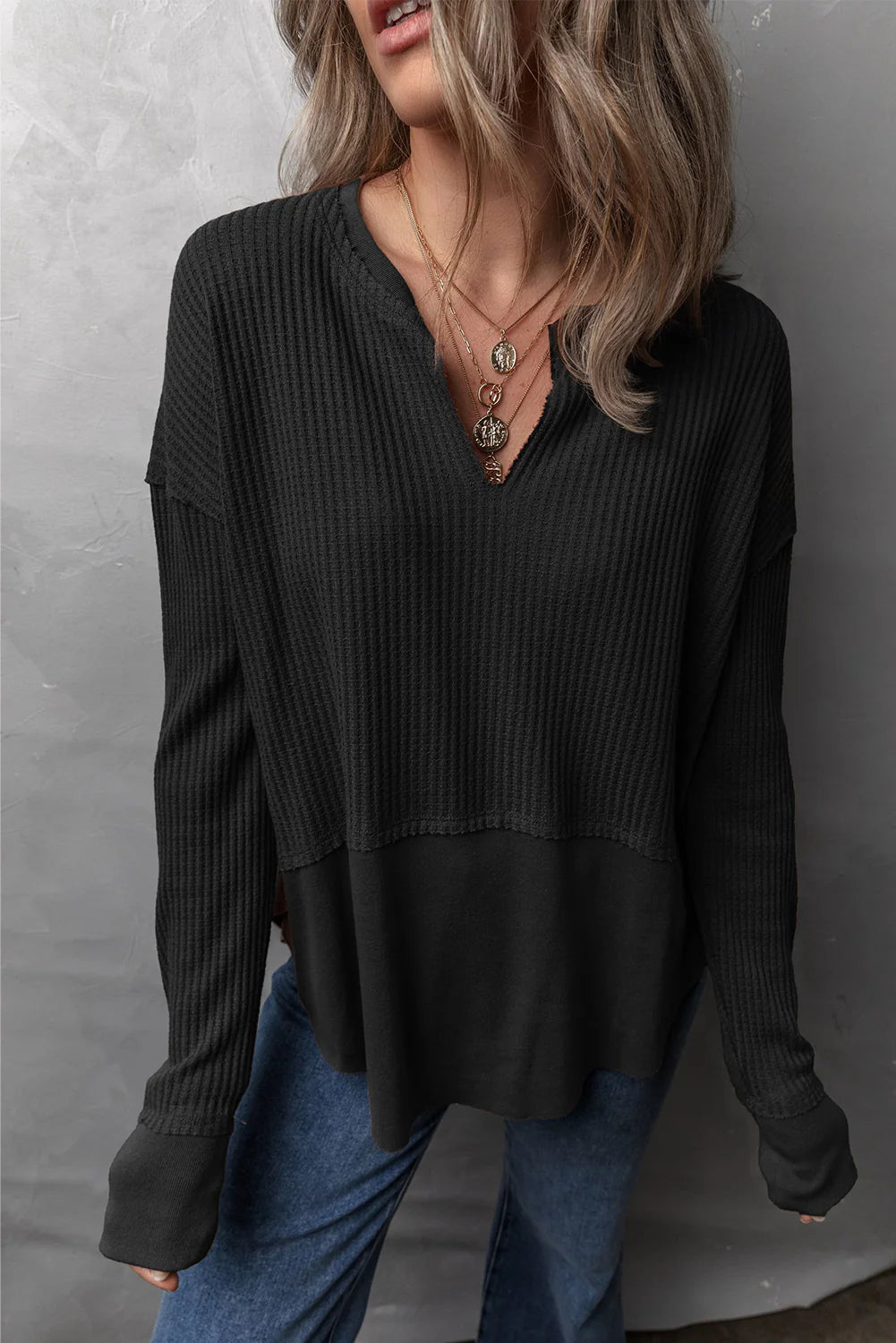 Waffle-Knit Exposed Seam Long Sleeve Top