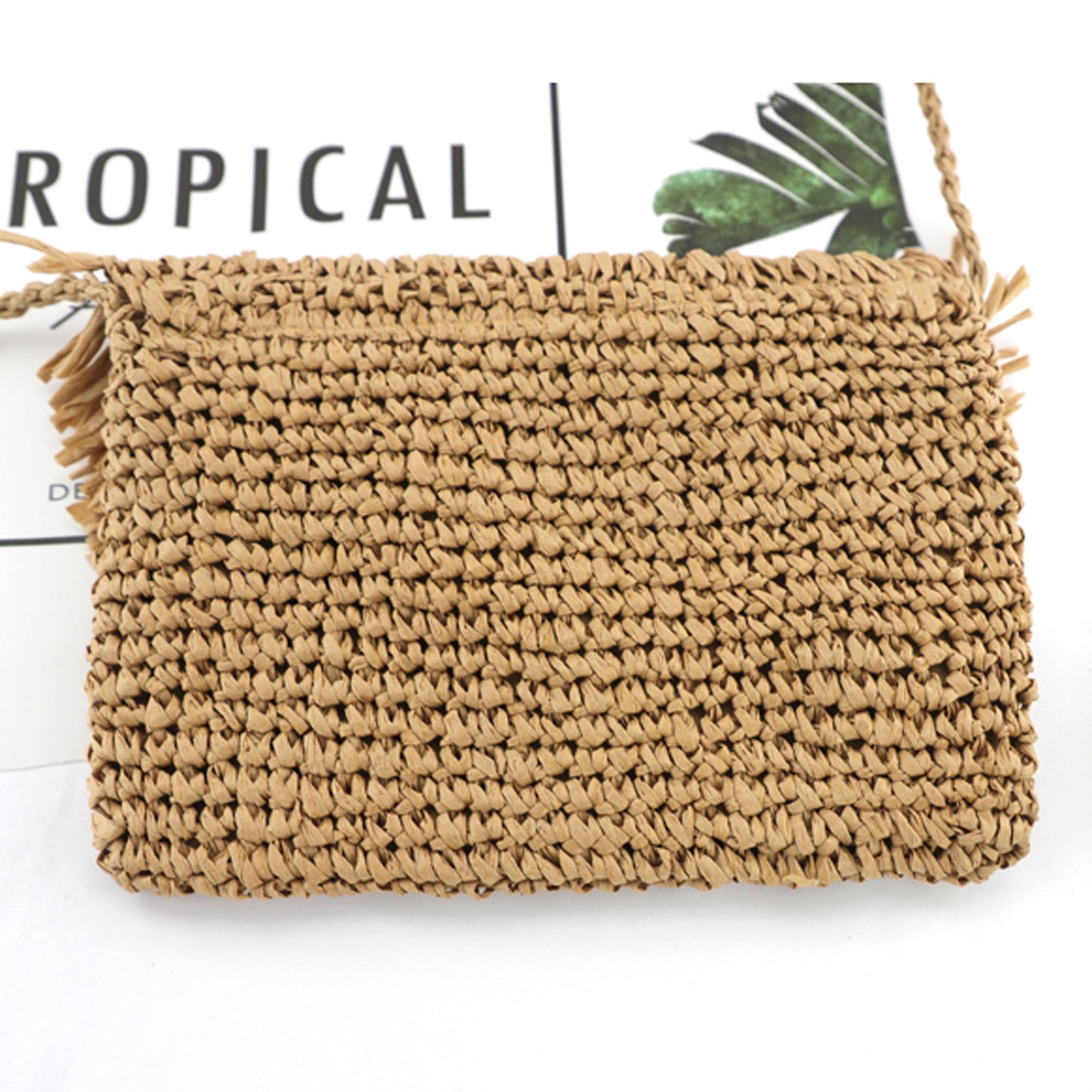 Sofia Foldover Straw Crossbody Bag in khaki and straw