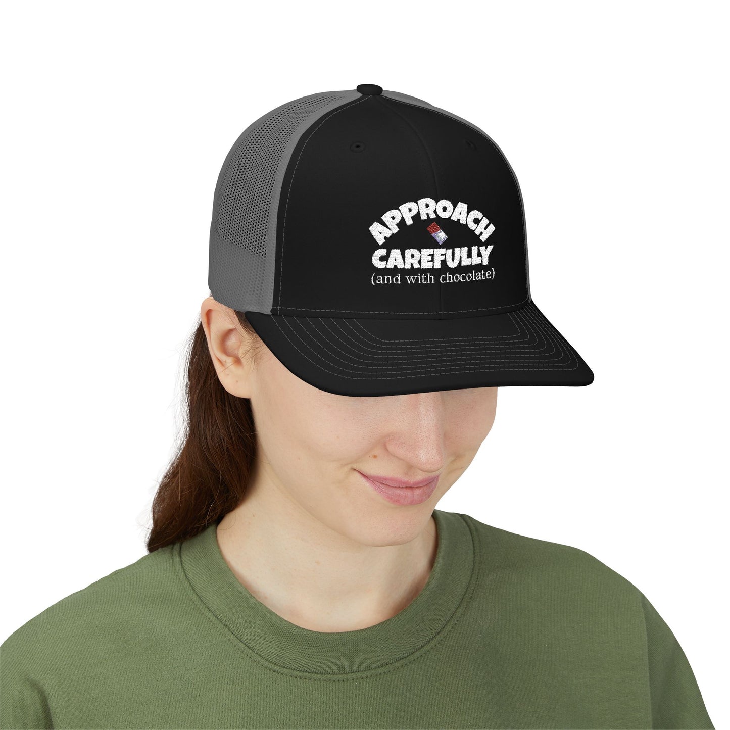 Approach with Chocolate Embroidered Snapback Trucker Cap - white font in multiple colors