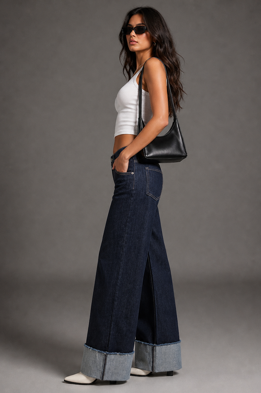 The Gary Jean (30" 32") - Low Rise Wide Leg Cuffed in Rinse Wash by GJG Denim