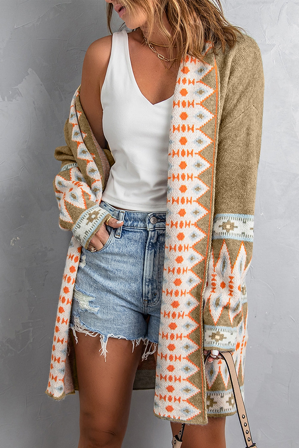 Aztec Knitted Cardigan in brown and khaki