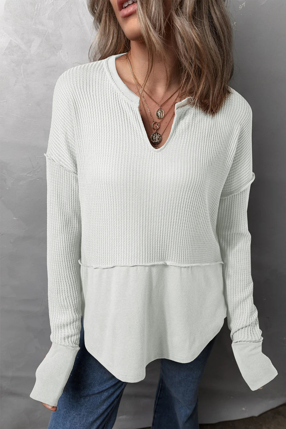 Waffle-Knit Exposed Seam Long Sleeve Top
