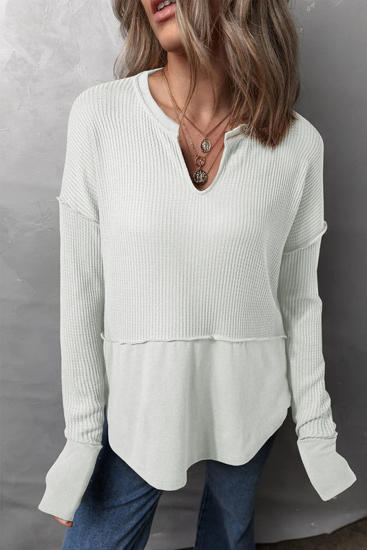 Waffle-Knit Exposed Seam Long Sleeve Top