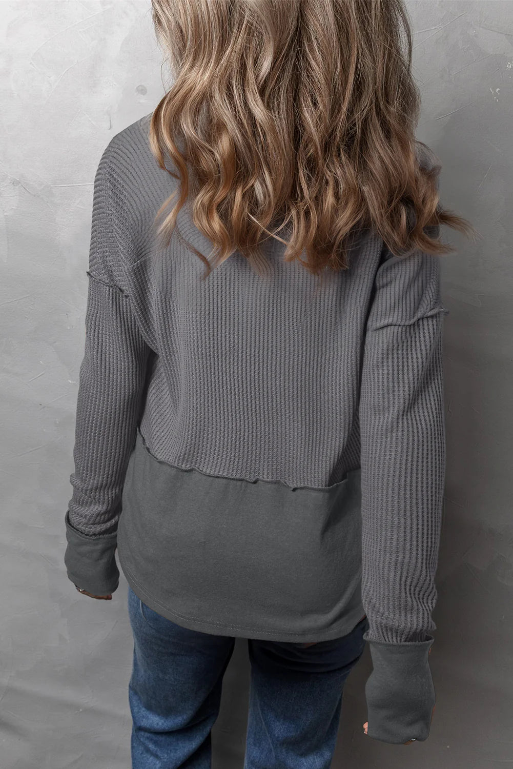 Waffle-Knit Exposed Seam Long Sleeve Top