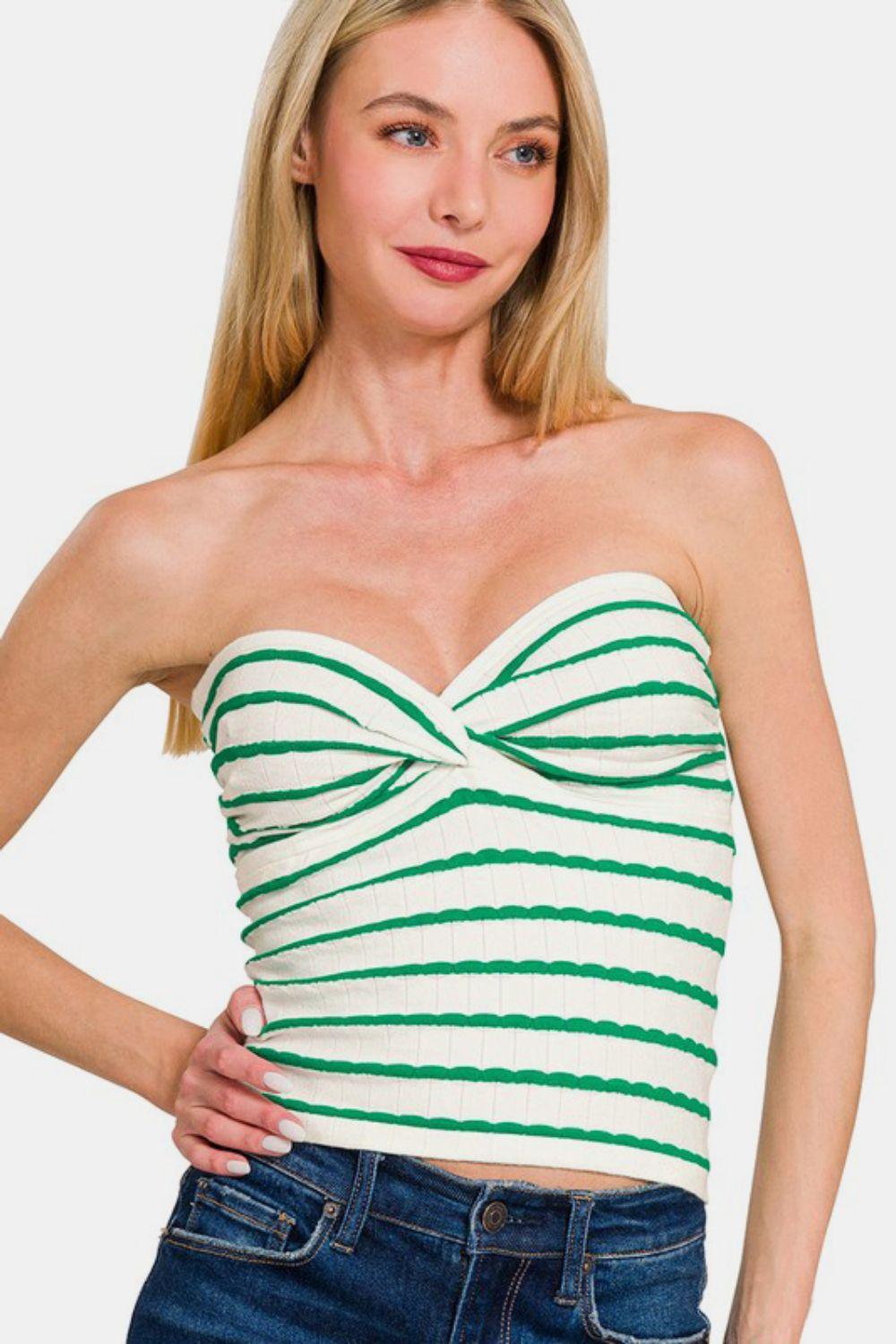 Zenana Twisted Sweetheart Neck Striped Tube Top-0