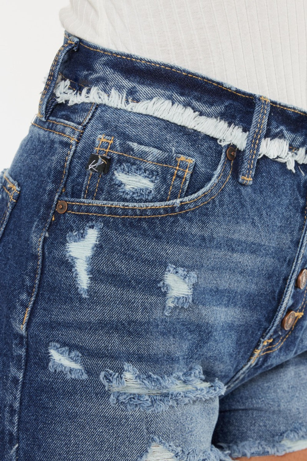 Distressed Button Fly Denim Shorts by Kancan
