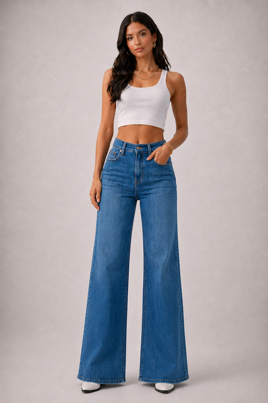 The Westside Icon Jean (33") - High Rise Wide Leg in medium dark wash by GJG Denim