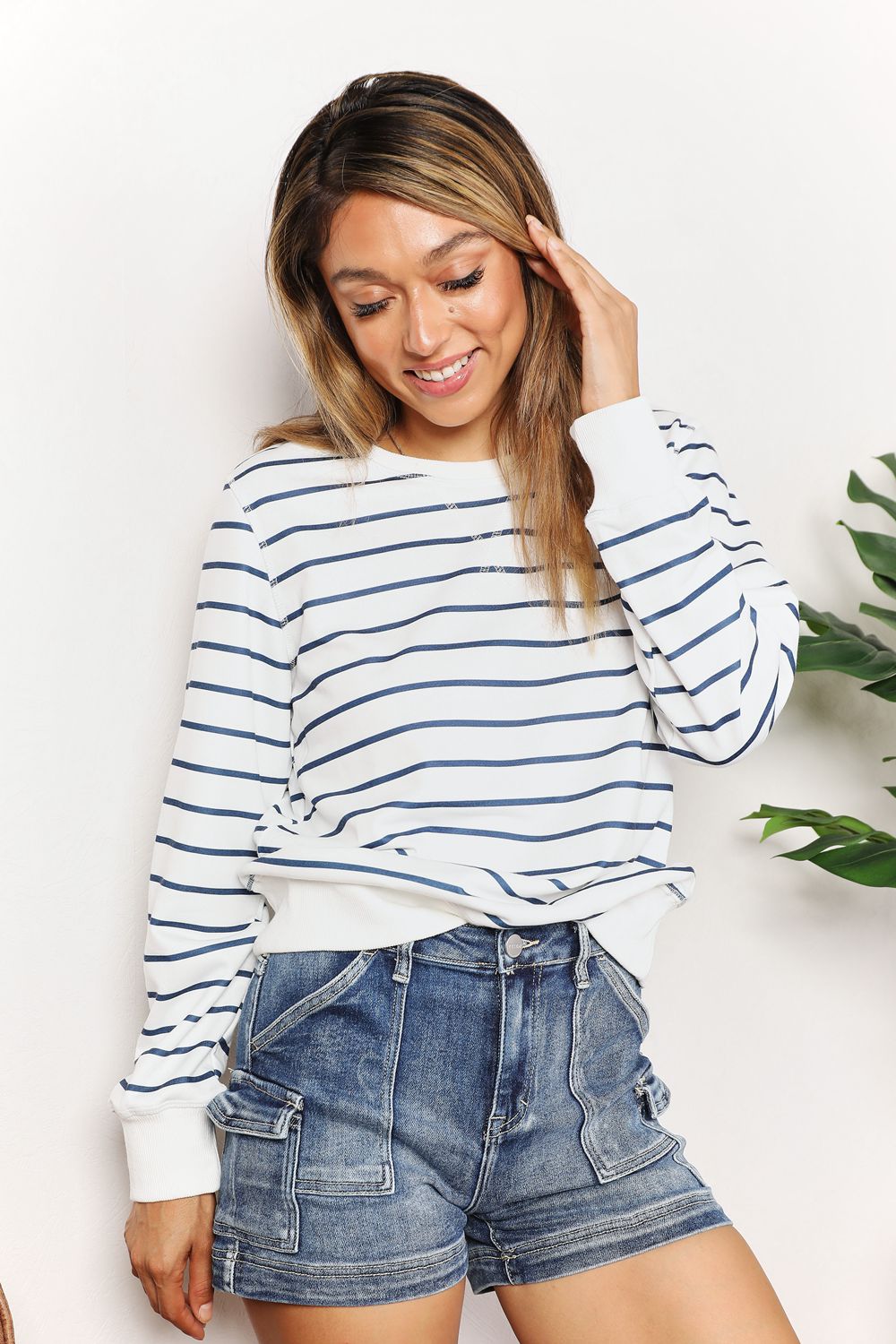 Double Take Striped Crewneck Sweatshirt
