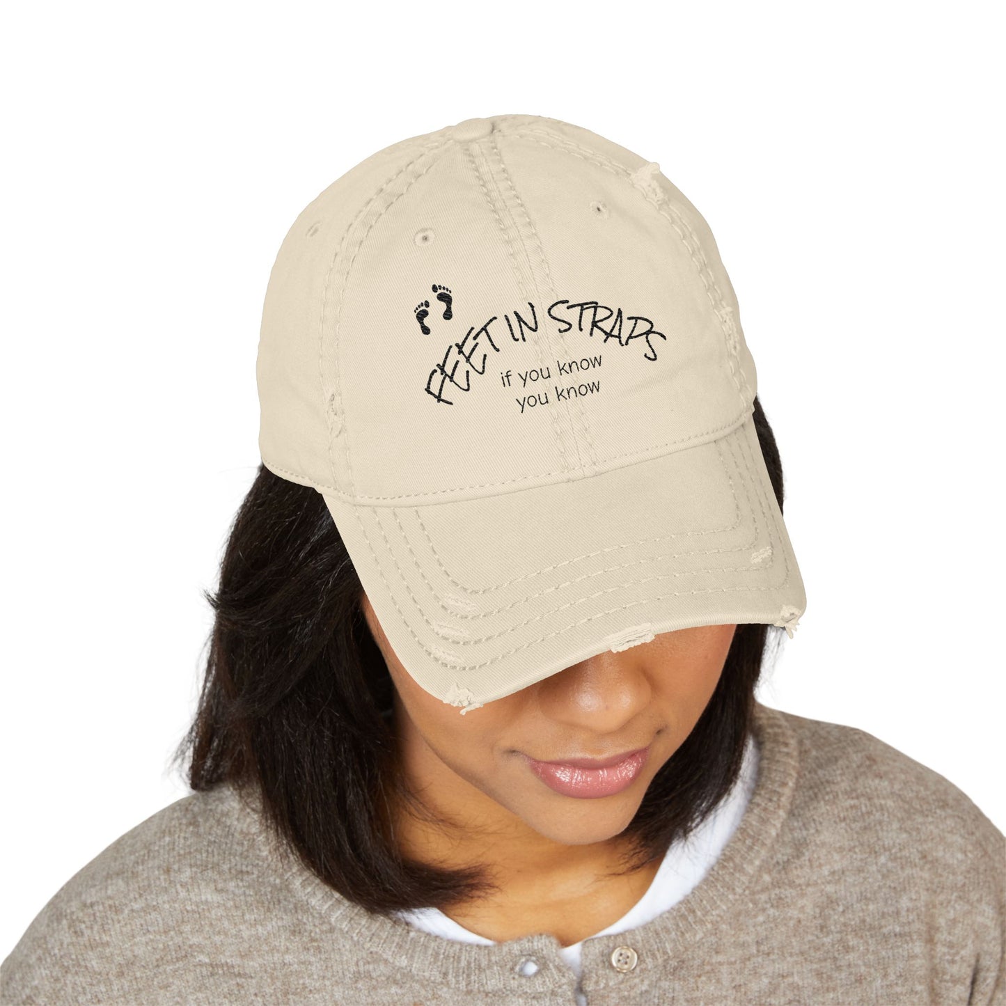 "Feet in Straps" Distressed Embroidered Cap
