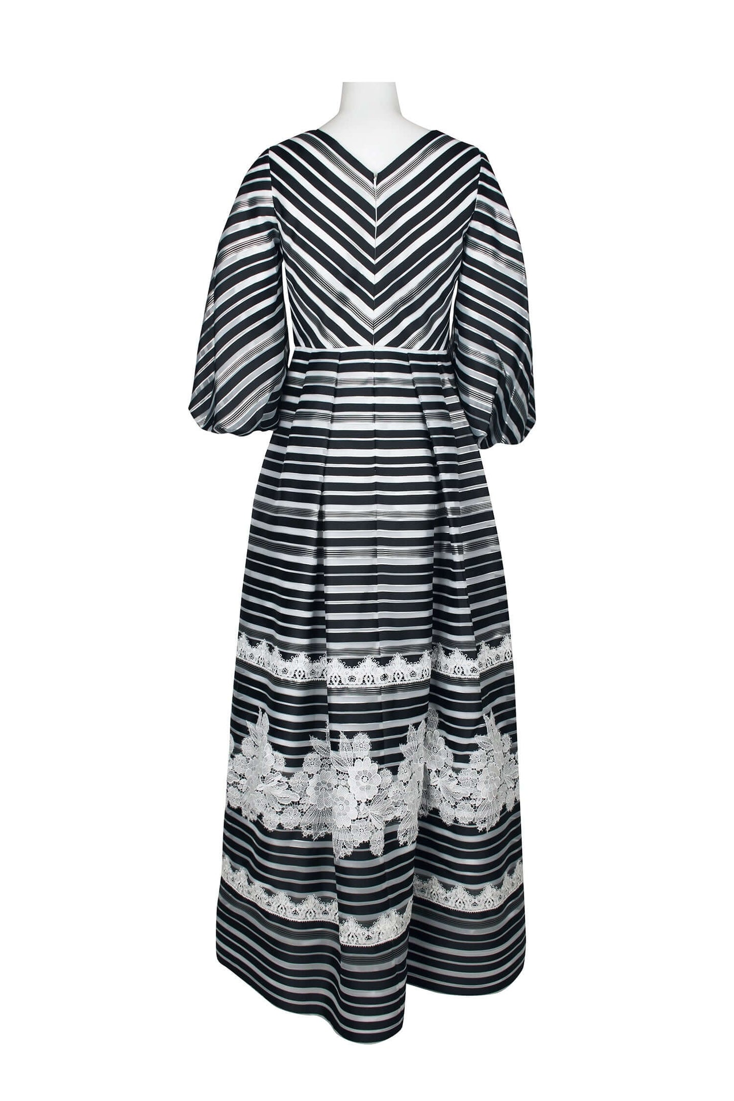 Theia V-Neck 3/4 Sleeve Zipper Back Stripe Print Embellished Organza Gown-2