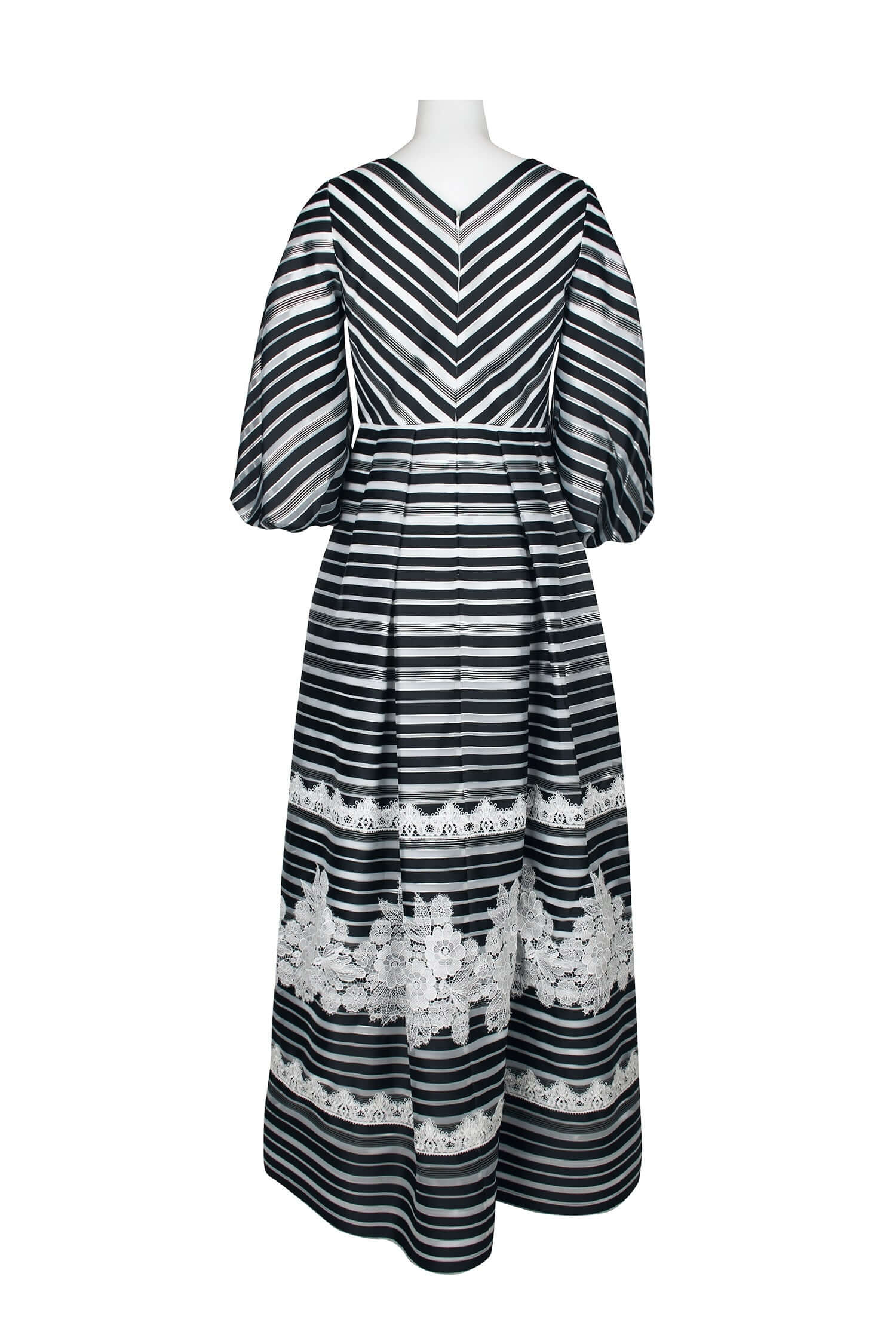 Theia V-Neck 3/4 Sleeve Zipper Back Stripe Print Embellished Organza Gown-2