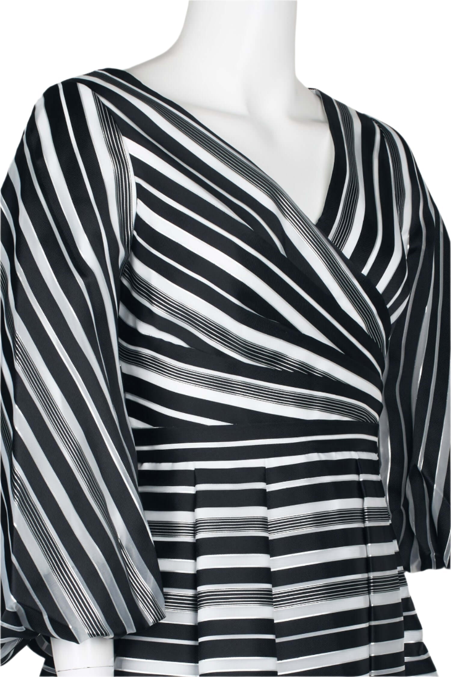 Theia V-Neck 3/4 Sleeve Zipper Back Stripe Print Embellished Organza Gown-3