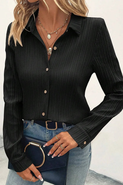 Sophisticated Textured Long Sleeve Shirt with Collared Neckline for Women