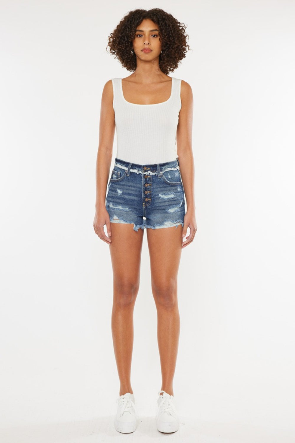 Distressed Button Fly Denim Shorts by Kancan