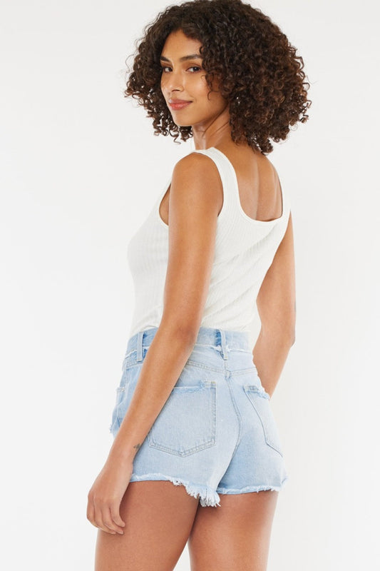 Distressed Button Fly Denim Shorts by Kancan