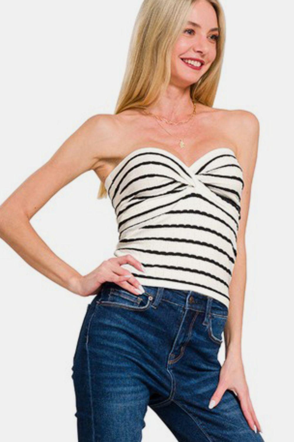 Zenana Twisted Sweetheart Neck Striped Tube Top-1