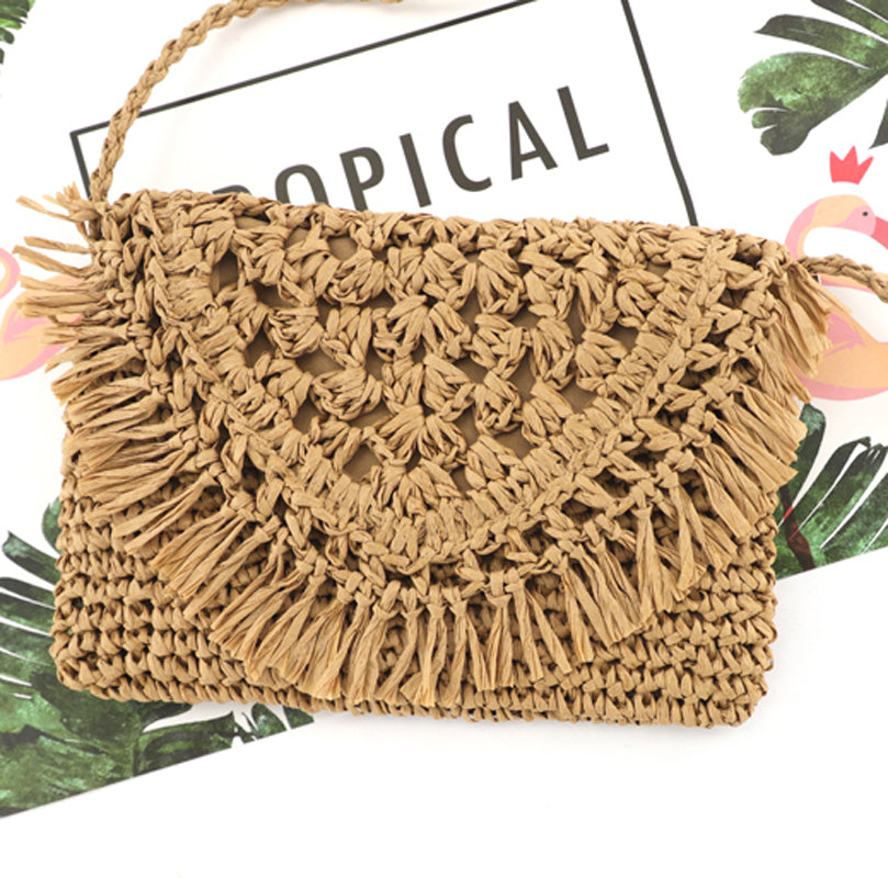 Sofia Foldover Straw Crossbody Bag in khaki and straw
