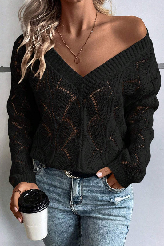 Hollowed Out Knit Drop Shoulder Sweater