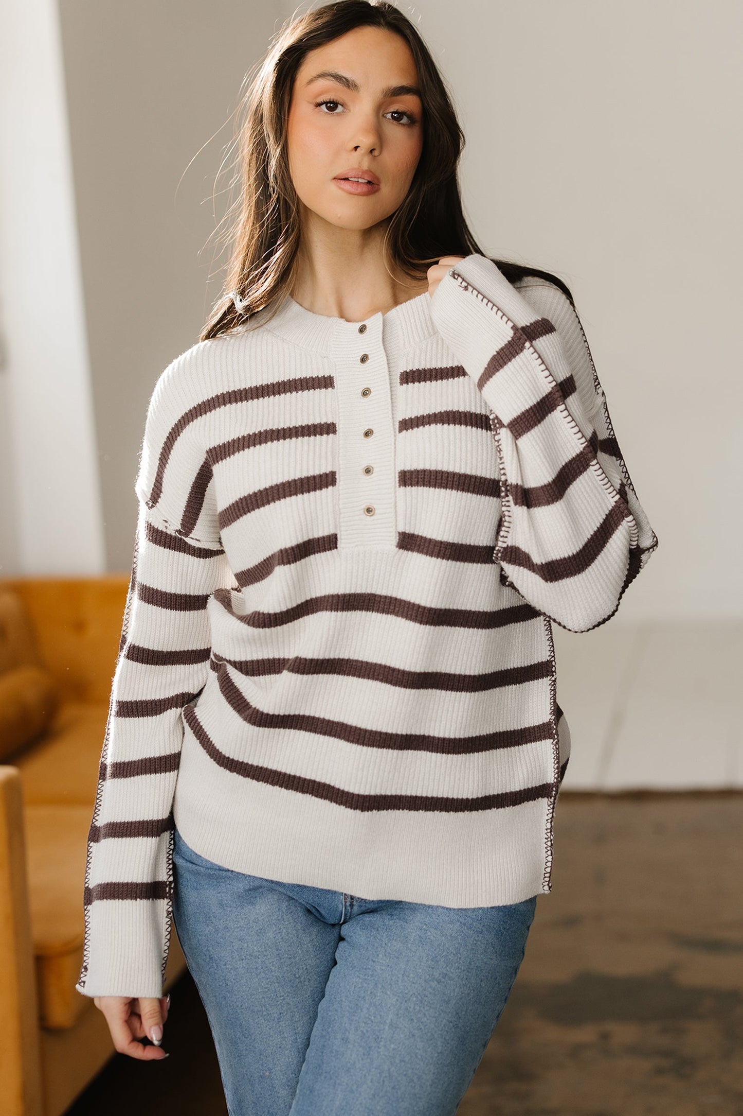 Brown Stripe Ribbed Henley Slouchy Sweater