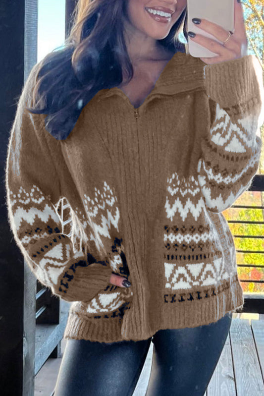 Printed Collared Zip Up Cardigan