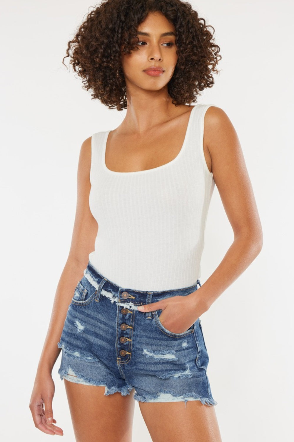 Distressed Button Fly Denim Shorts by Kancan