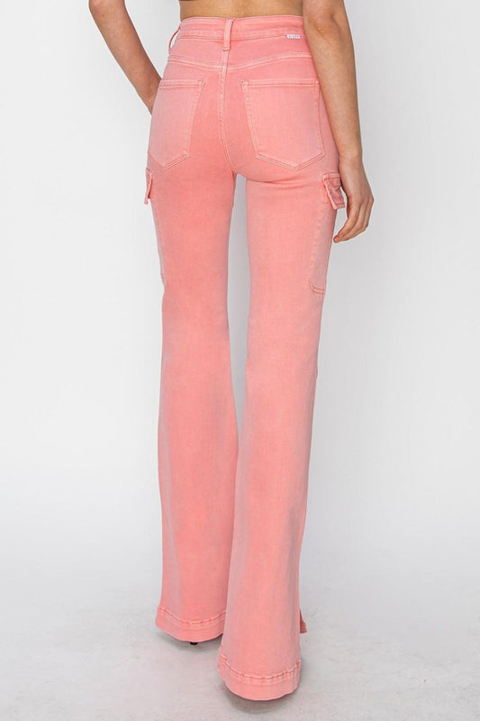 RISEN Full Size High Rise Side Slit Cargo Bootcut Jeans-1