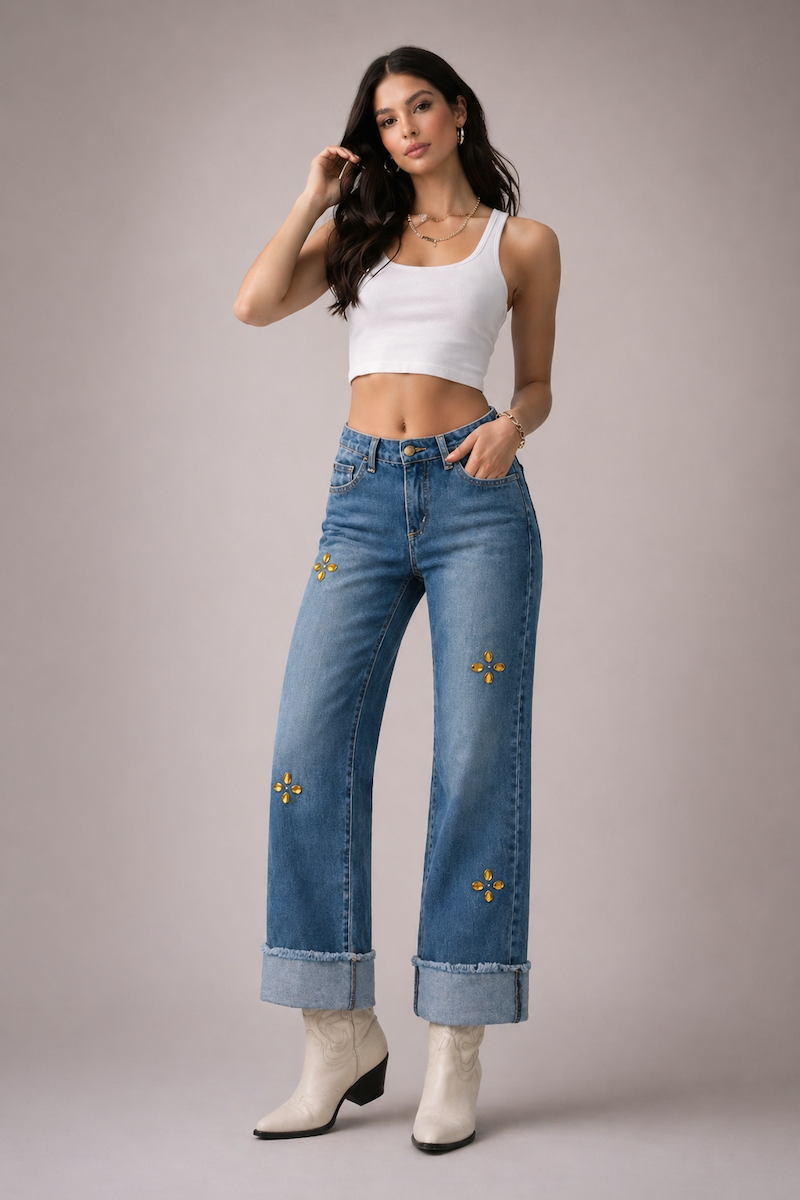 The Gem Jean - Mid Rise Gem Studded by GJG Denim