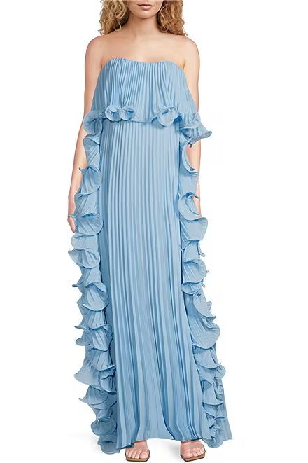 Badgley Mischka Strapless Pleated Chiffon Gown