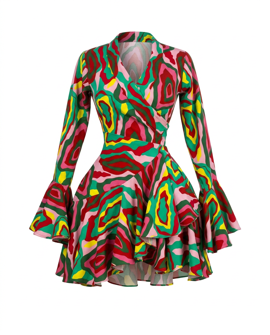 Printed Ruffle Wrap Dress in multiple colors