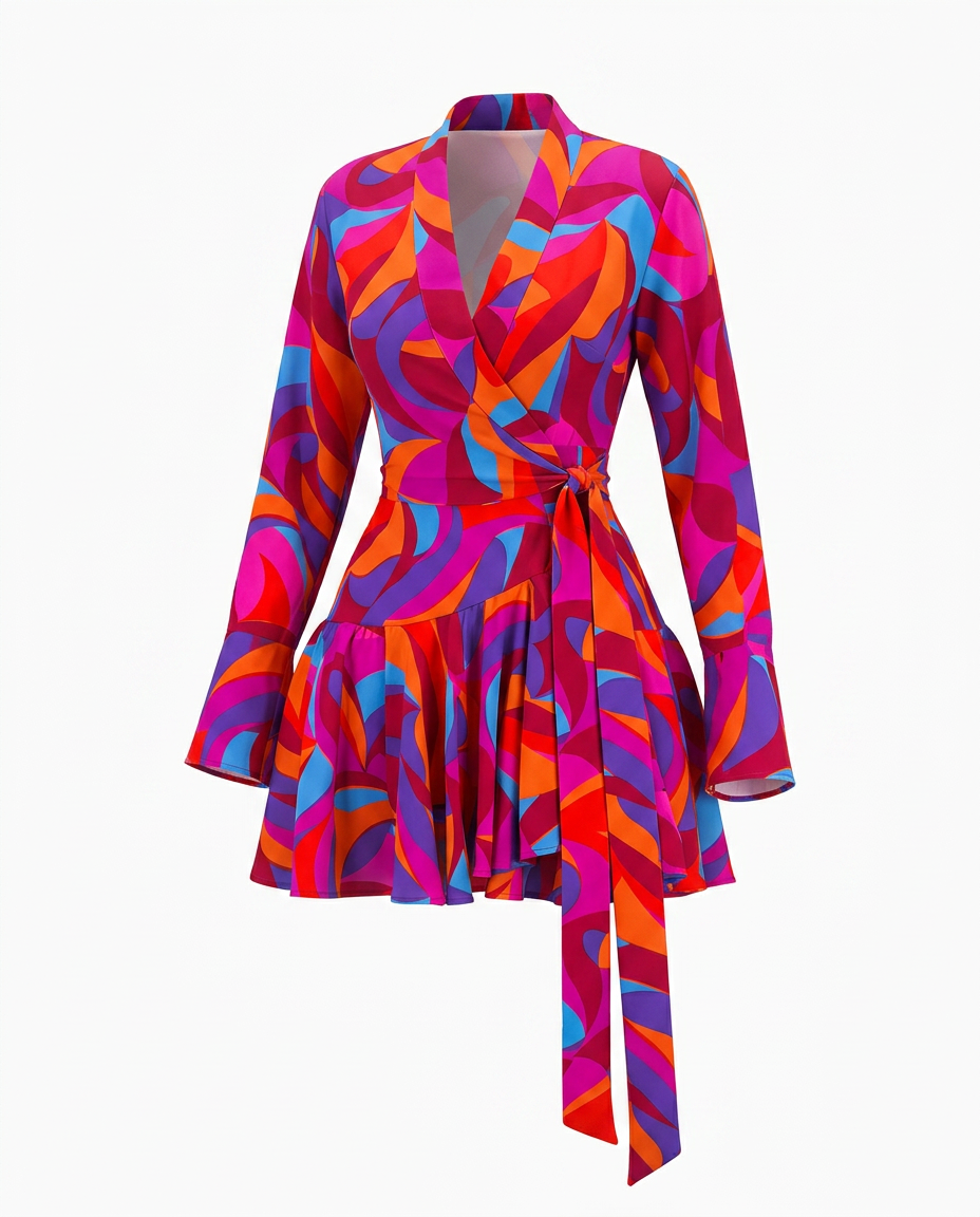 Printed Ruffle Wrap Dress in multiple colors