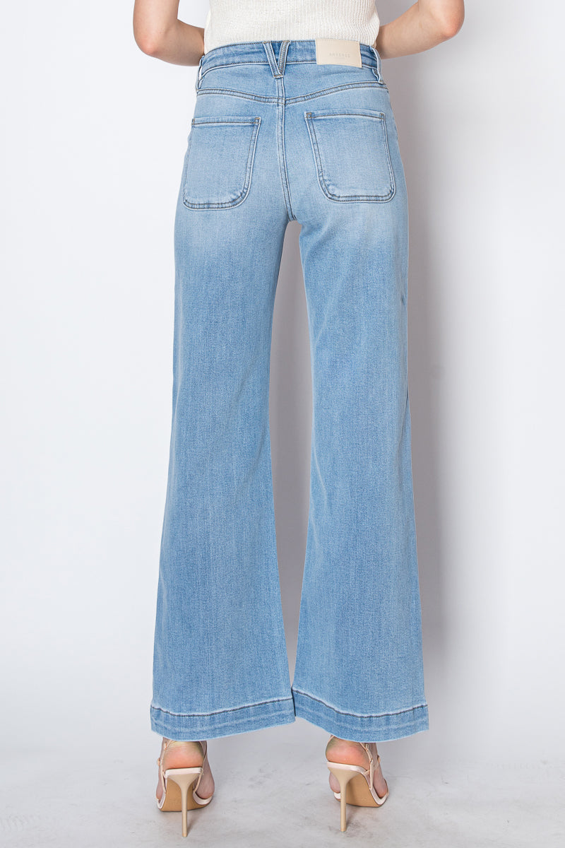 The Noemi Jean - Eco Friendly Front Pocket Detail High Rise Flare by Artemis Vintage