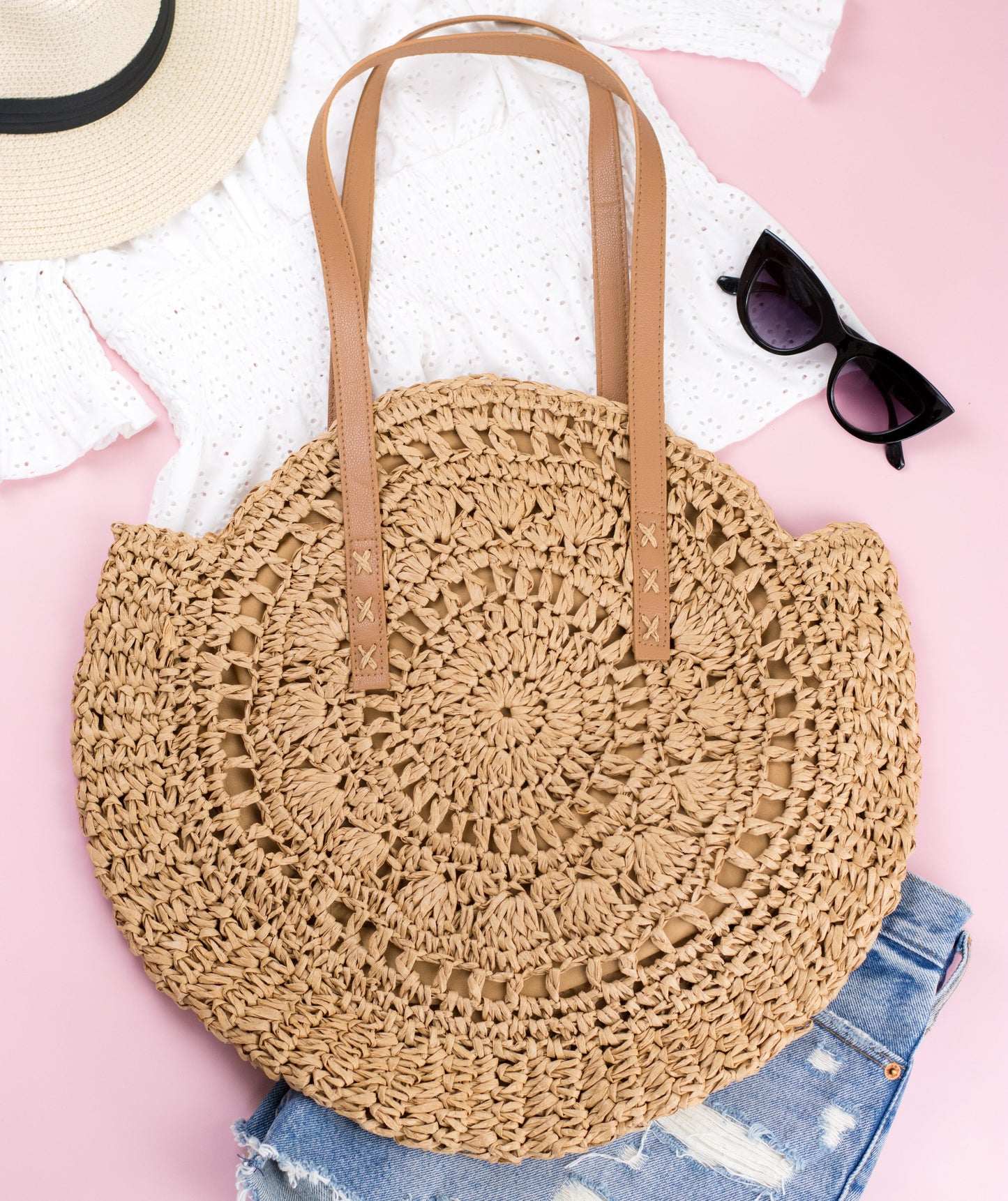 Evil Eye Straw Circle Tote in multiple colors