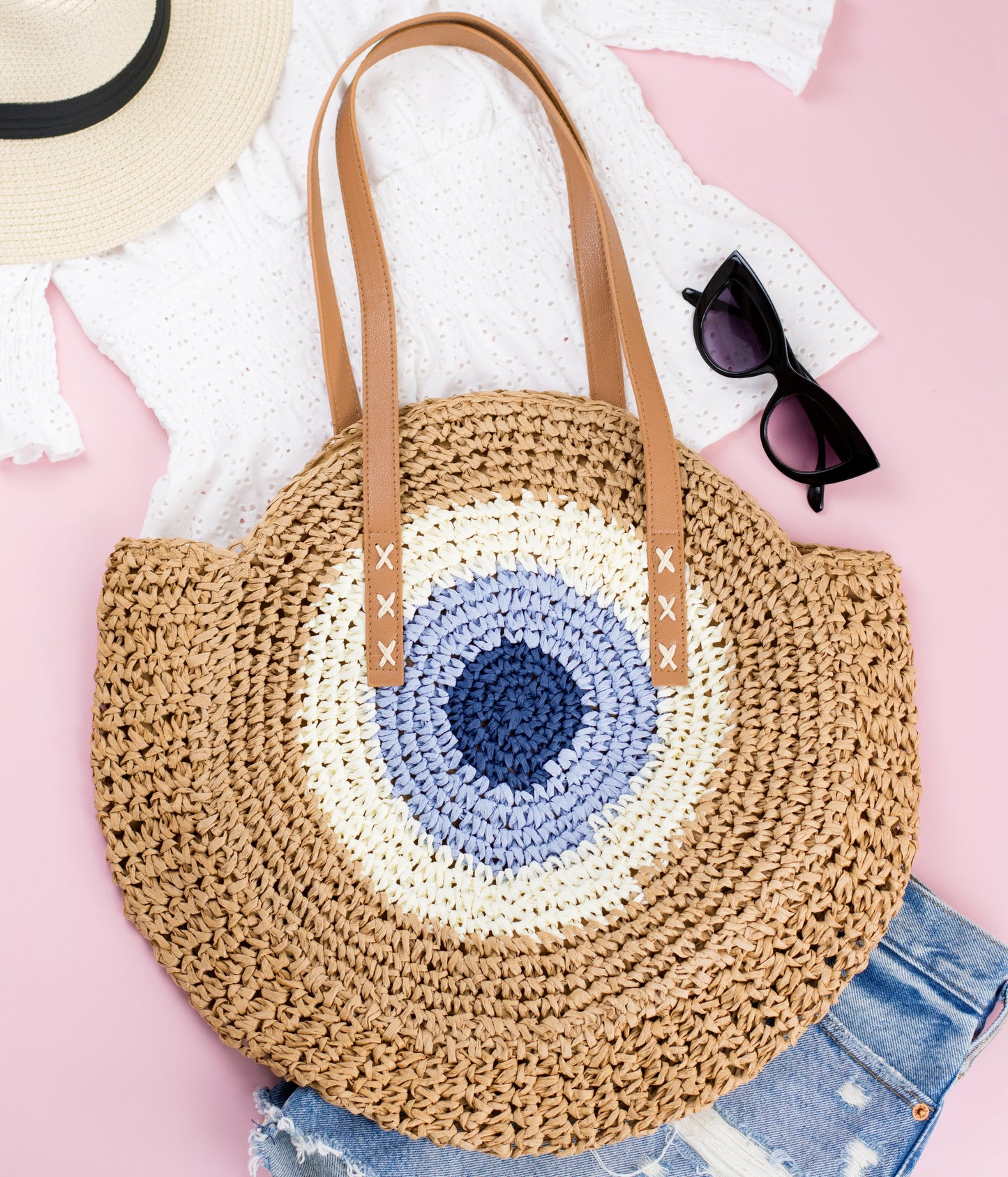 Evil Eye Straw Circle Tote in multiple colors