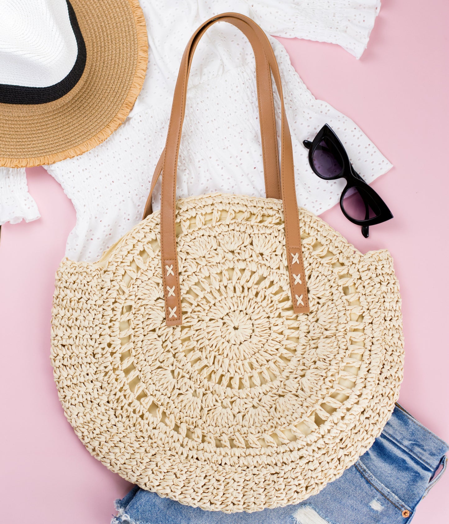 Evil Eye Straw Circle Tote in multiple colors