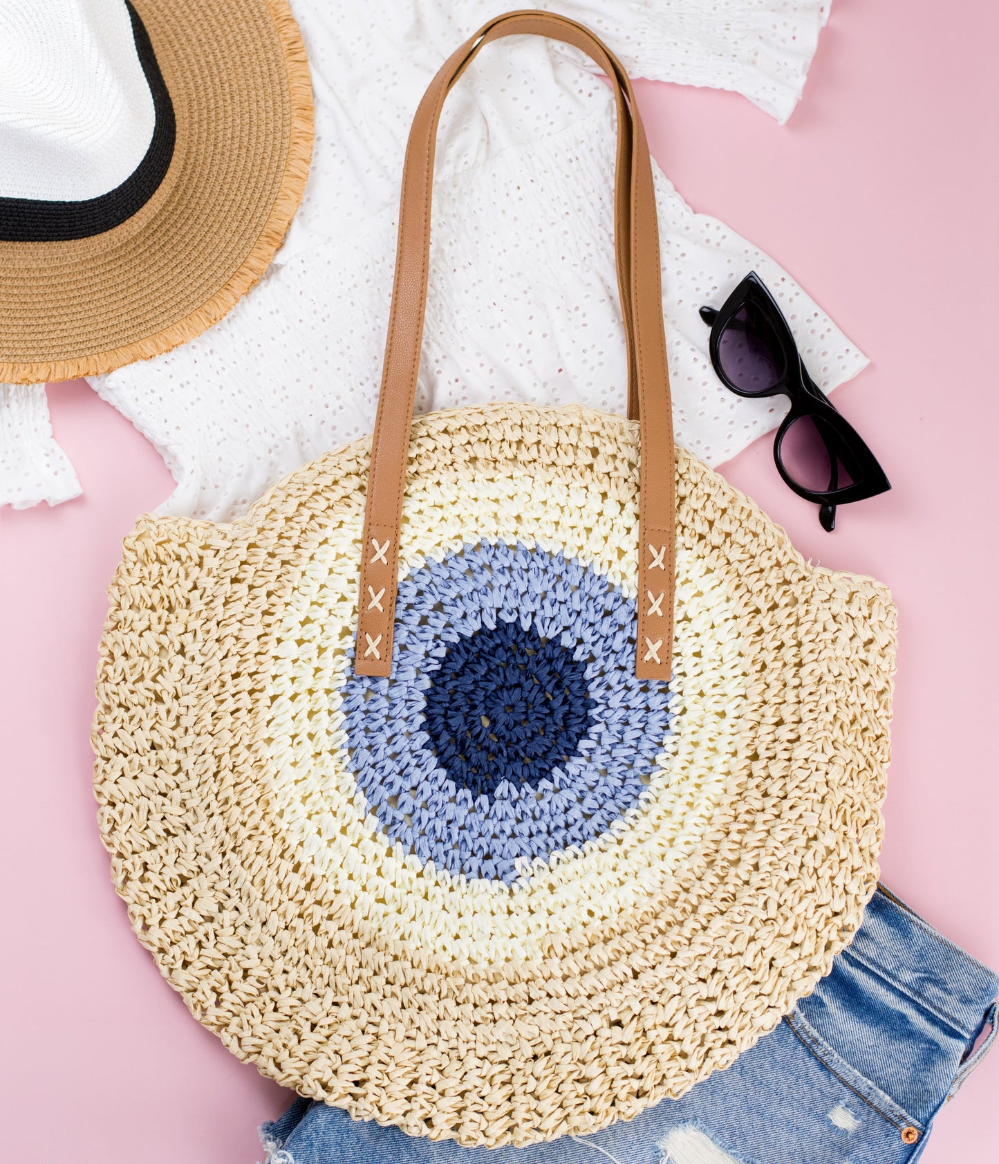 Evil Eye Straw Circle Tote in multiple colors