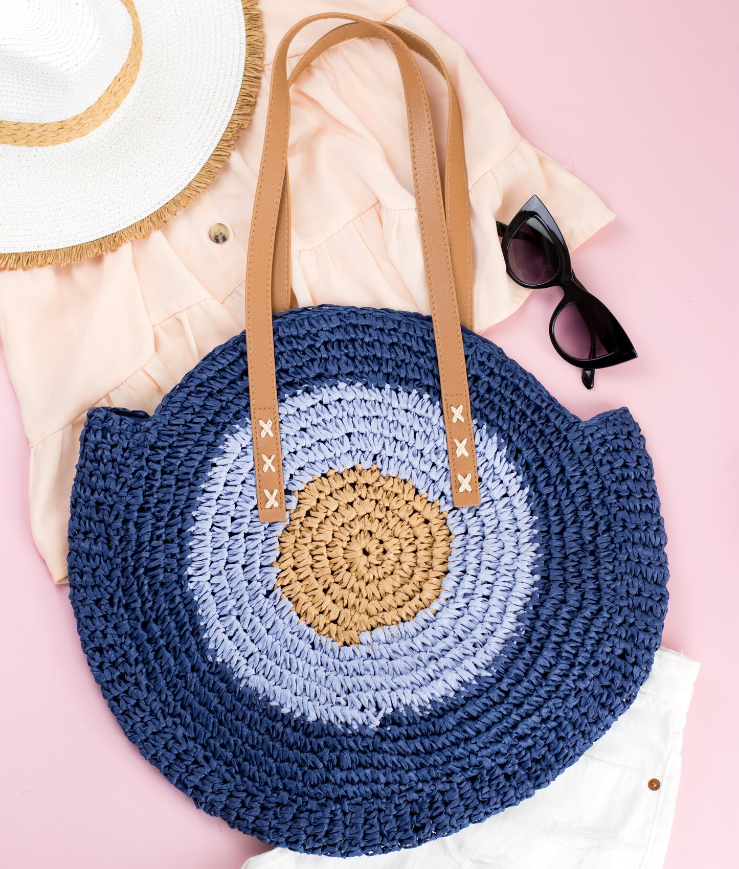 Evil Eye Straw Circle Tote in multiple colors