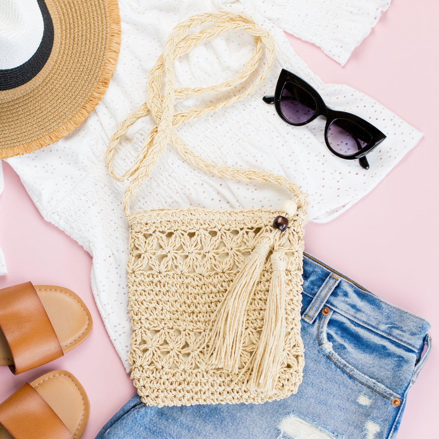 Woven Straw Tassel Crossbody Bag in khaki and straw