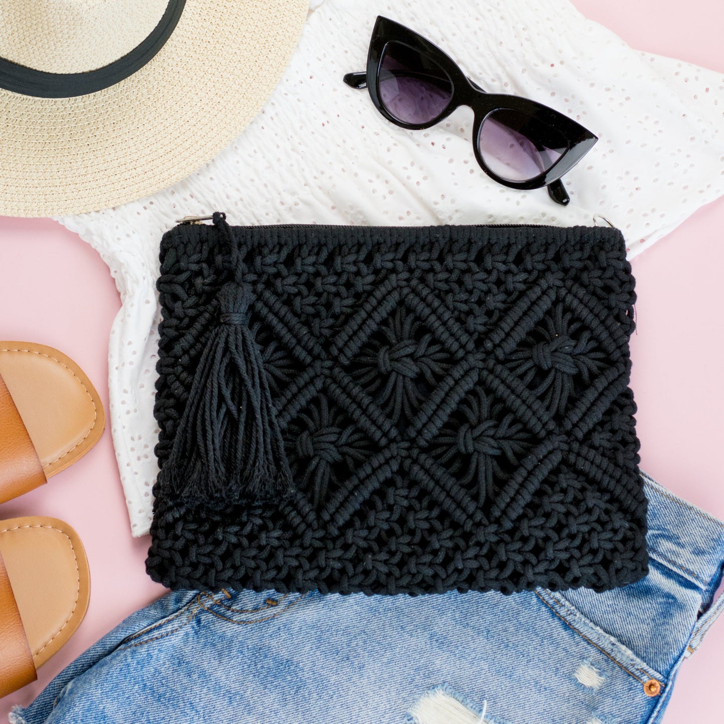 Macrame Tassel Clutch in khaki and black