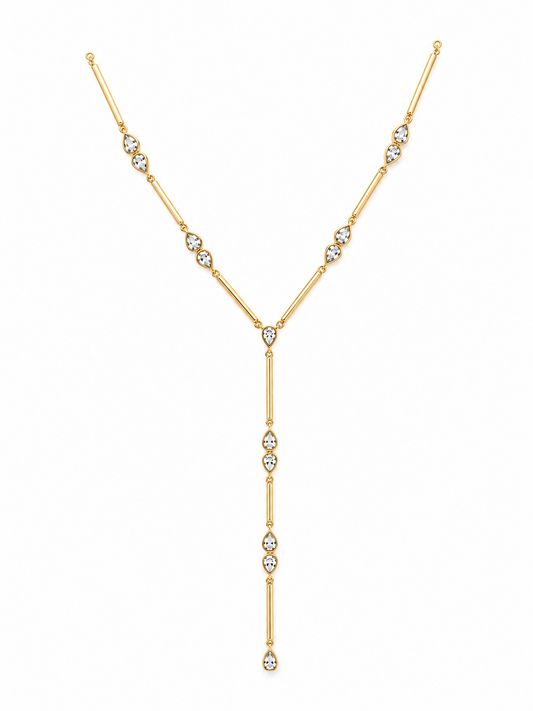 Delphine Teardrop Lariat Necklace in gold and silver