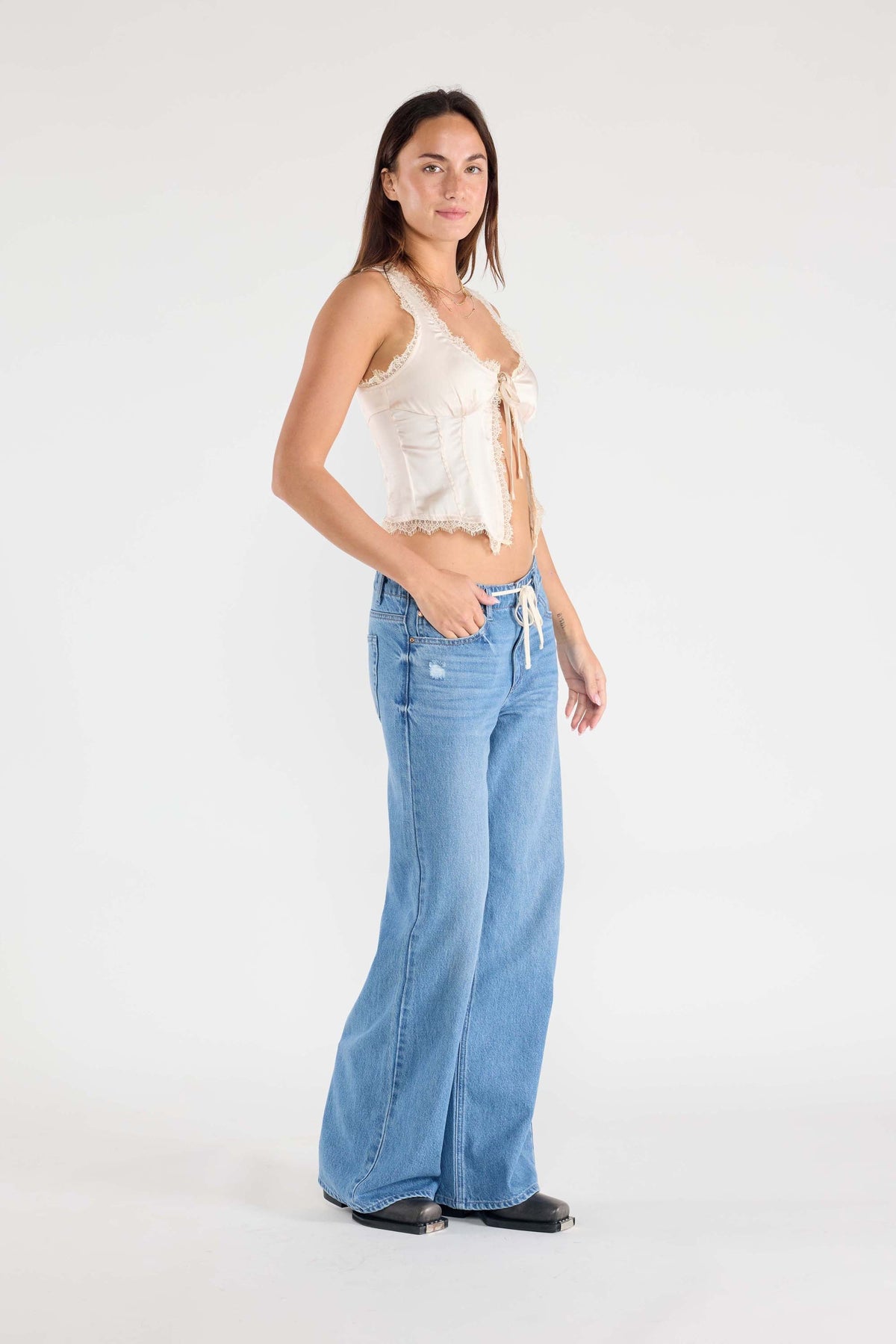 The Iris Jean - Mid Rise Baggy Wide Leg Jeans with Waist Band String by Enjean