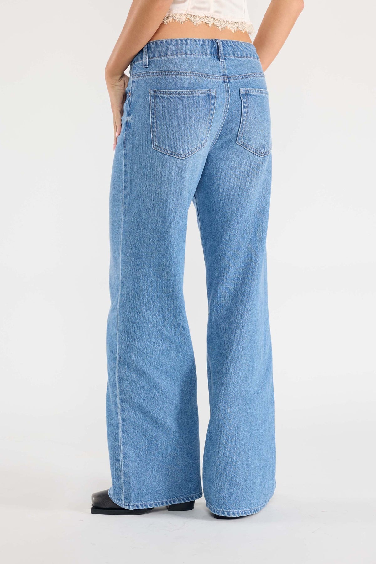 The Iris Jean - Mid Rise Baggy Wide Leg Jeans with Waist Band String by Enjean