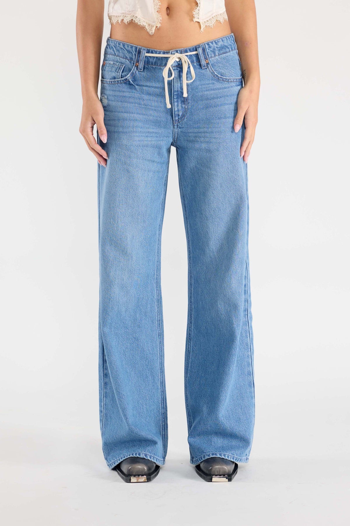The Iris Jean - Mid Rise Baggy Wide Leg Jeans with Waist Band String by Enjean