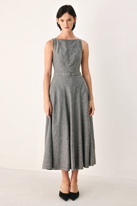 Belted A-Line Midi Dress
