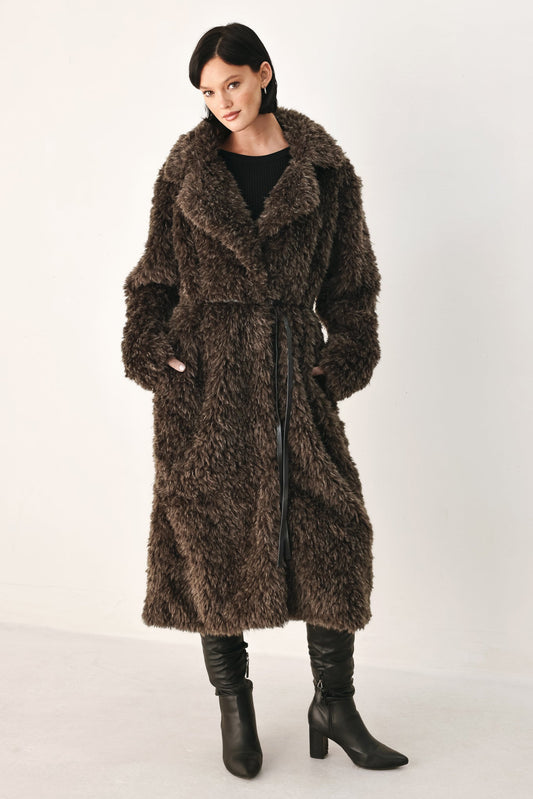 Belted Faux Fur Midi Coat