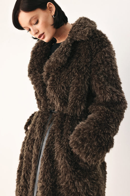 Belted Faux Fur Midi Coat
